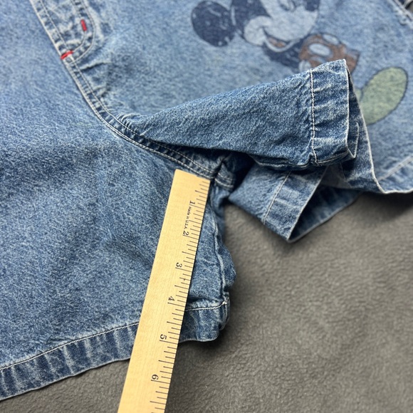 Mickey Mouse Denim Overall Bib Shorts Sz L USA Theme Blue Big Mickey Graphic - Picture 15 of 16